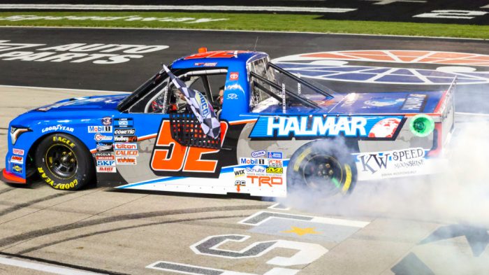 Stewart friesen wins thrilling triple ot truck series race michigan