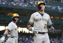 Brewers christian yelich hand leaves after hbp